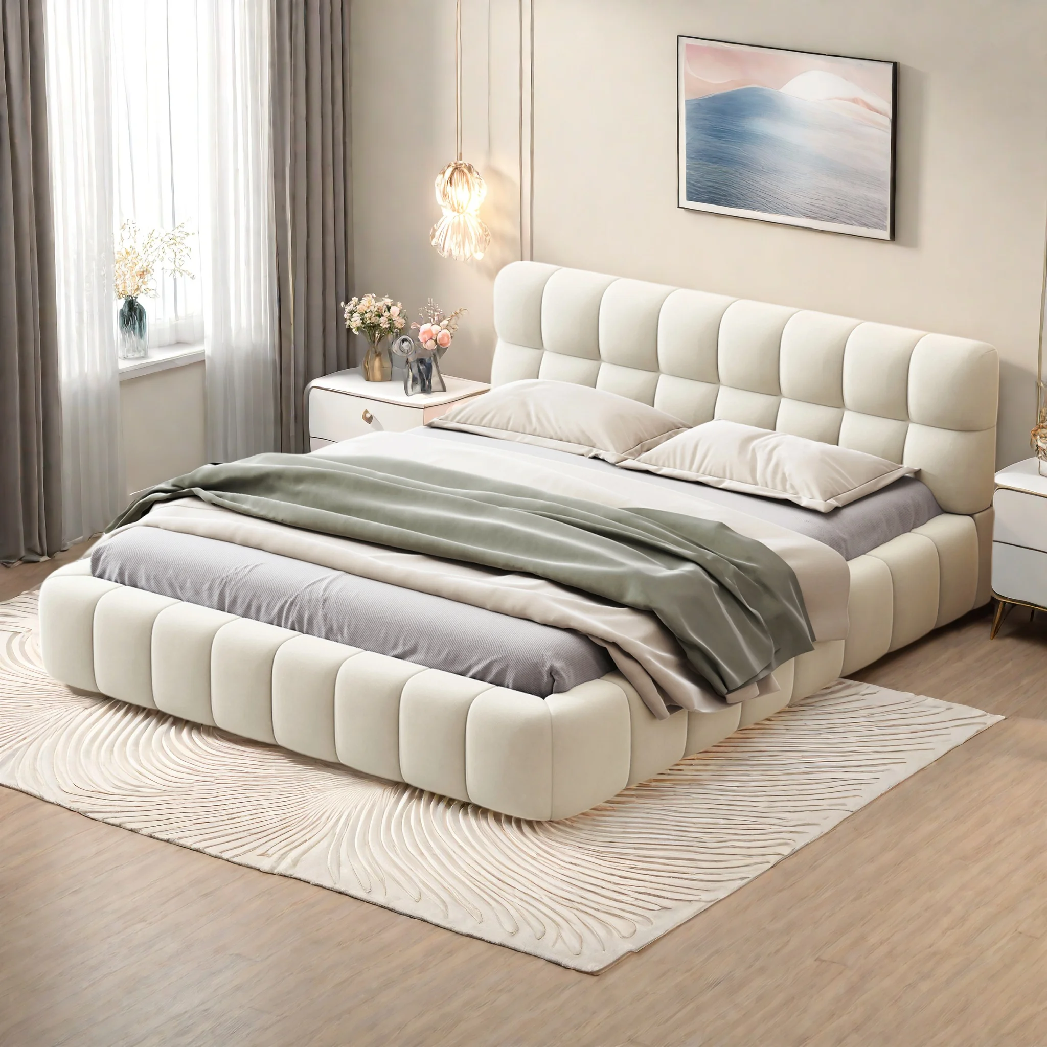 Rosahqnda Lit rembourré à dossier souple Lit double Lit plat Bordure rembourrée Linge à lattes sans matelas