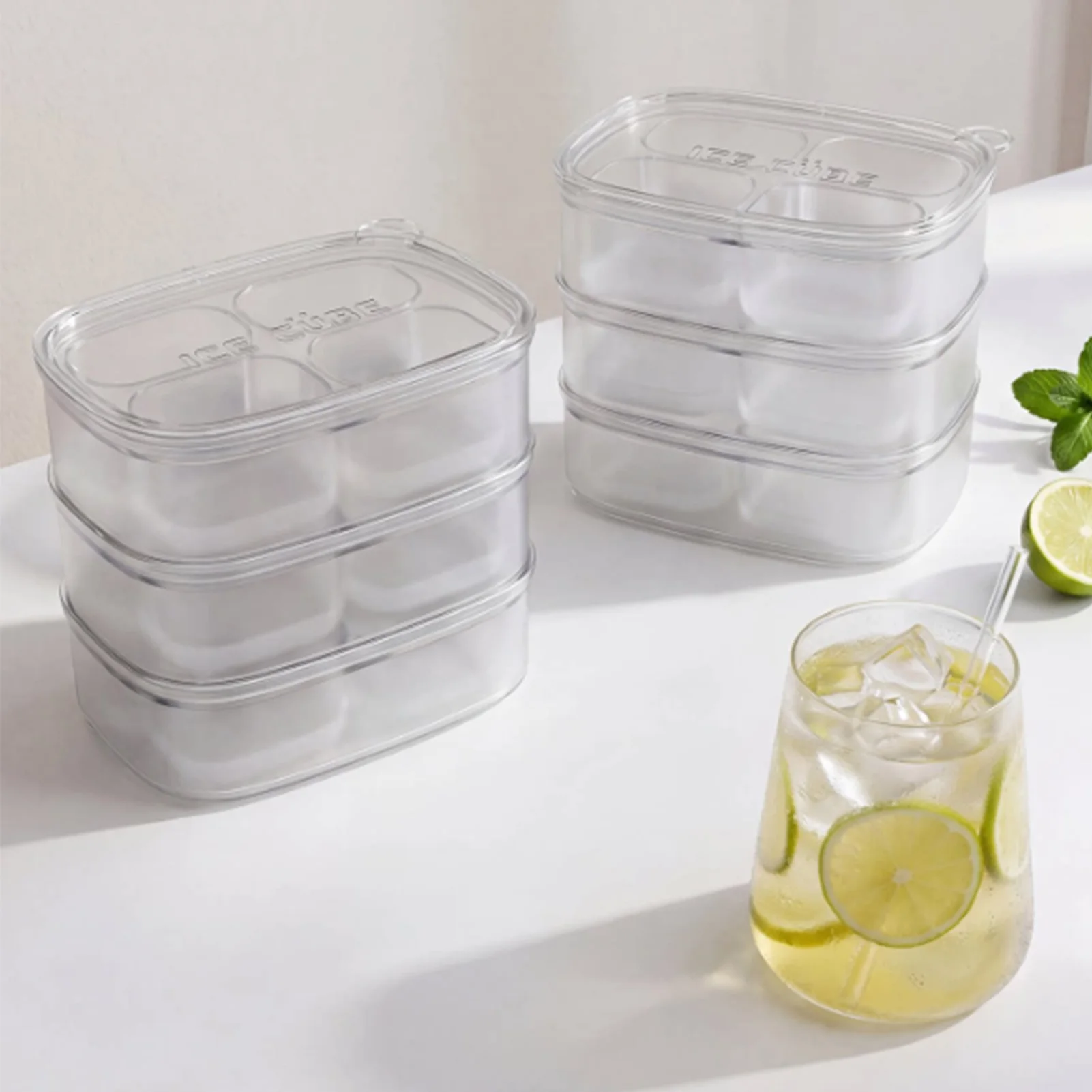 Ice Cube Tray Transparent Home Kitchen for Adults Silicone Ice Mold with Lid Easy Release Stackable Freezer Storage Box