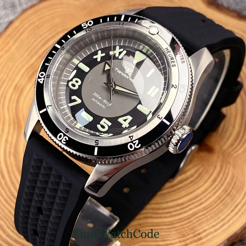 Tandorio Diving Automatic Watch for Men NH35 PT5000 Movement 20BAR Waterproof Black Gray Double Bow Domed Sapphire Crystal 40mm