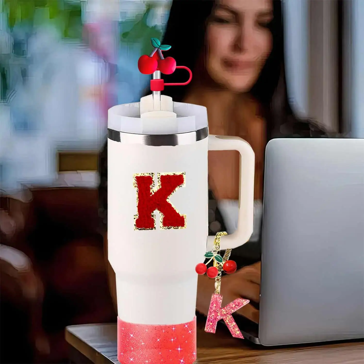 Cherry Letter for Stanley Decoration Iron-On English Sticker Straw Brush Cup Chain Glitter Cherry Straw Topper for Beverage Cups