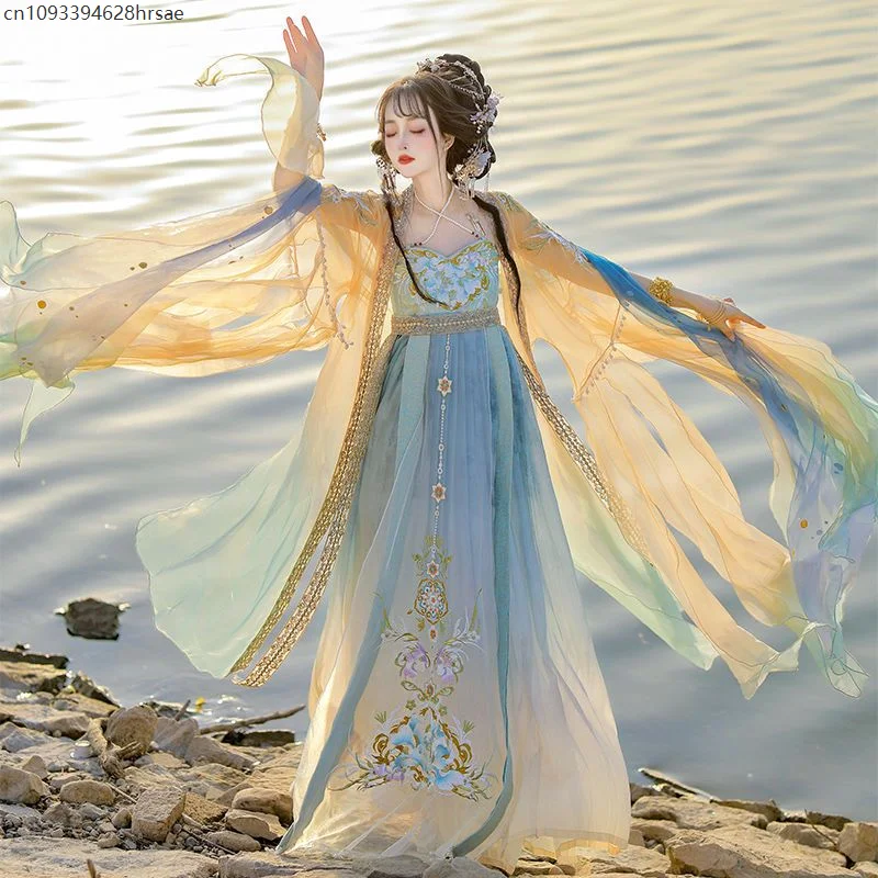 

Traditional Chinese Hanfu Dress Women Embroidery Hanfu Carnival Fairy Cosplay Costume Gradient Purple Yellow Hanfu Costume