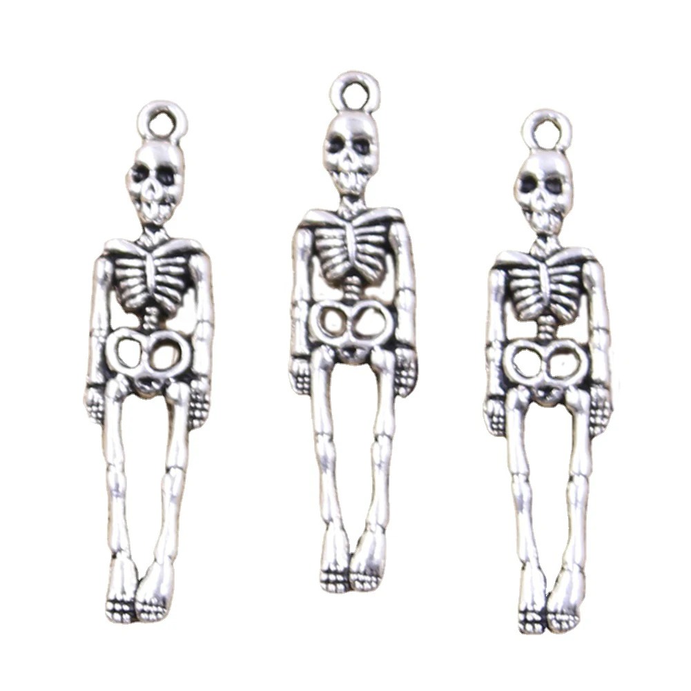 12pcs Charms Skull Skeleton Man 39x9mm Antique Silver Color Plated Pendants Making DIY Handmade Tibetan Finding Jewelry
