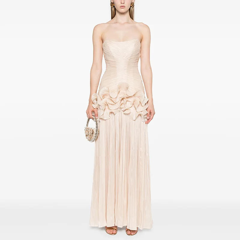 

French Style Tube Top Dress2025New Niche Stitching Wooden Ear Design Long Dress Female Summer