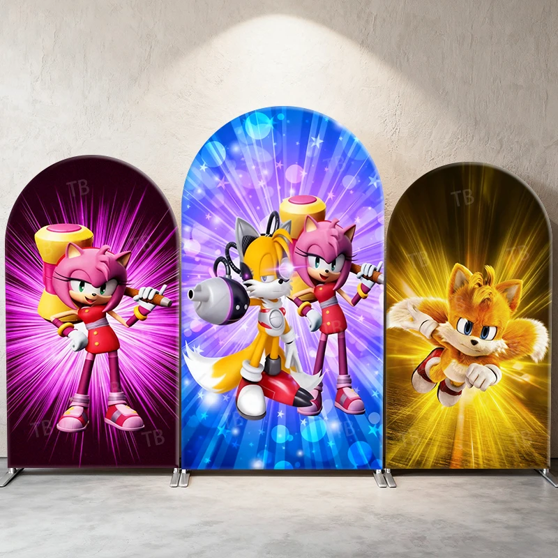

Sonic Arch Backdrop Cover,Gaming Theme Amy Rose Tails Photograph Background for Kids Birthday Party Event Decor&Photo Booth Prop
