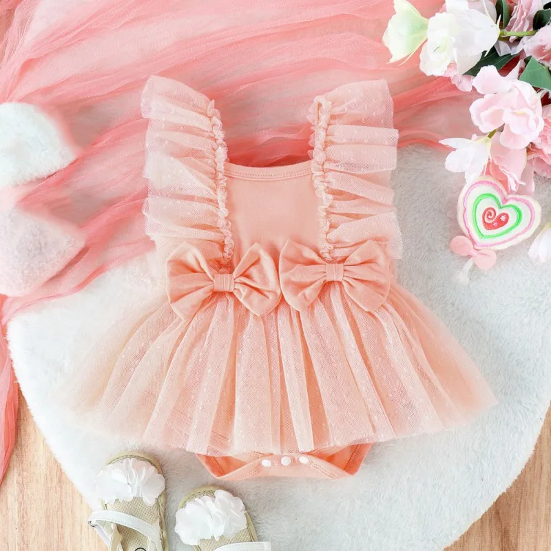 Infant Baby Girl Summer Romper Dress Fly Sleeve Cute Bow Mesh Tulle Skirt Ribbed Bodysuit Newborn Dresses D2L