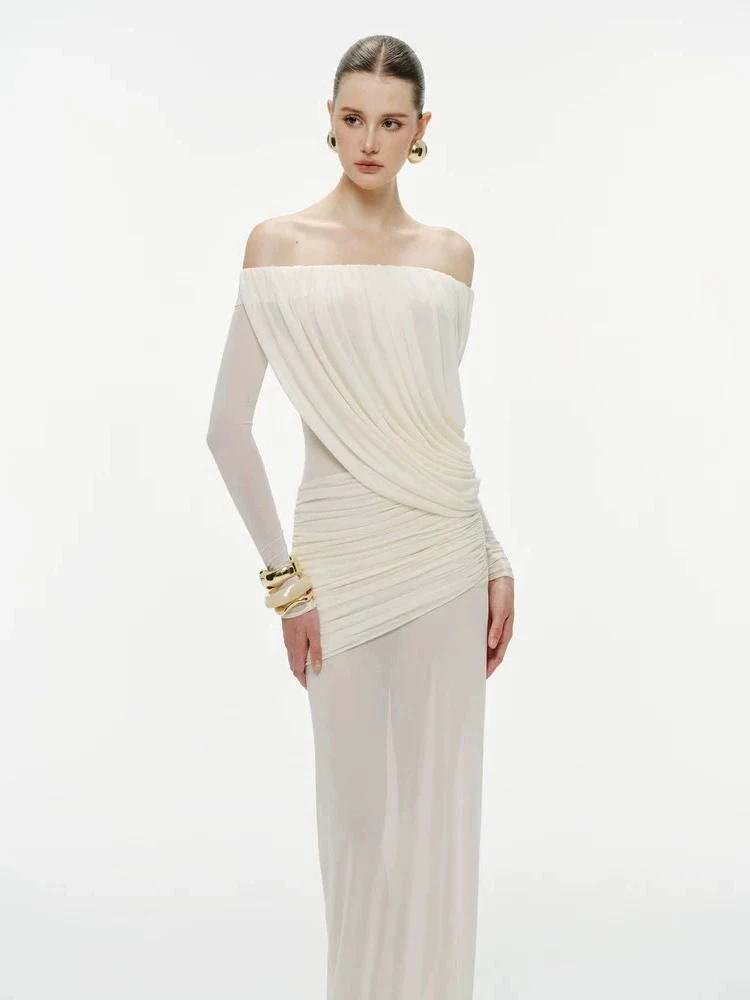

Elegant Pleated One-Shoulder Dress Women's Fashion Slimming Long Evening Gown Polyester Fiber Zipper Style Mid-Waist Design