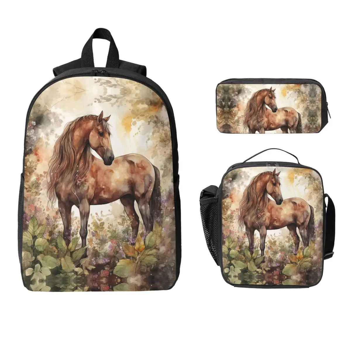 

Brown Horse Herd Running Galloping Animal Lovers Humor Backpack Student BookBag School Bag 3ps Insulated Lunch Bag Pencil Case
