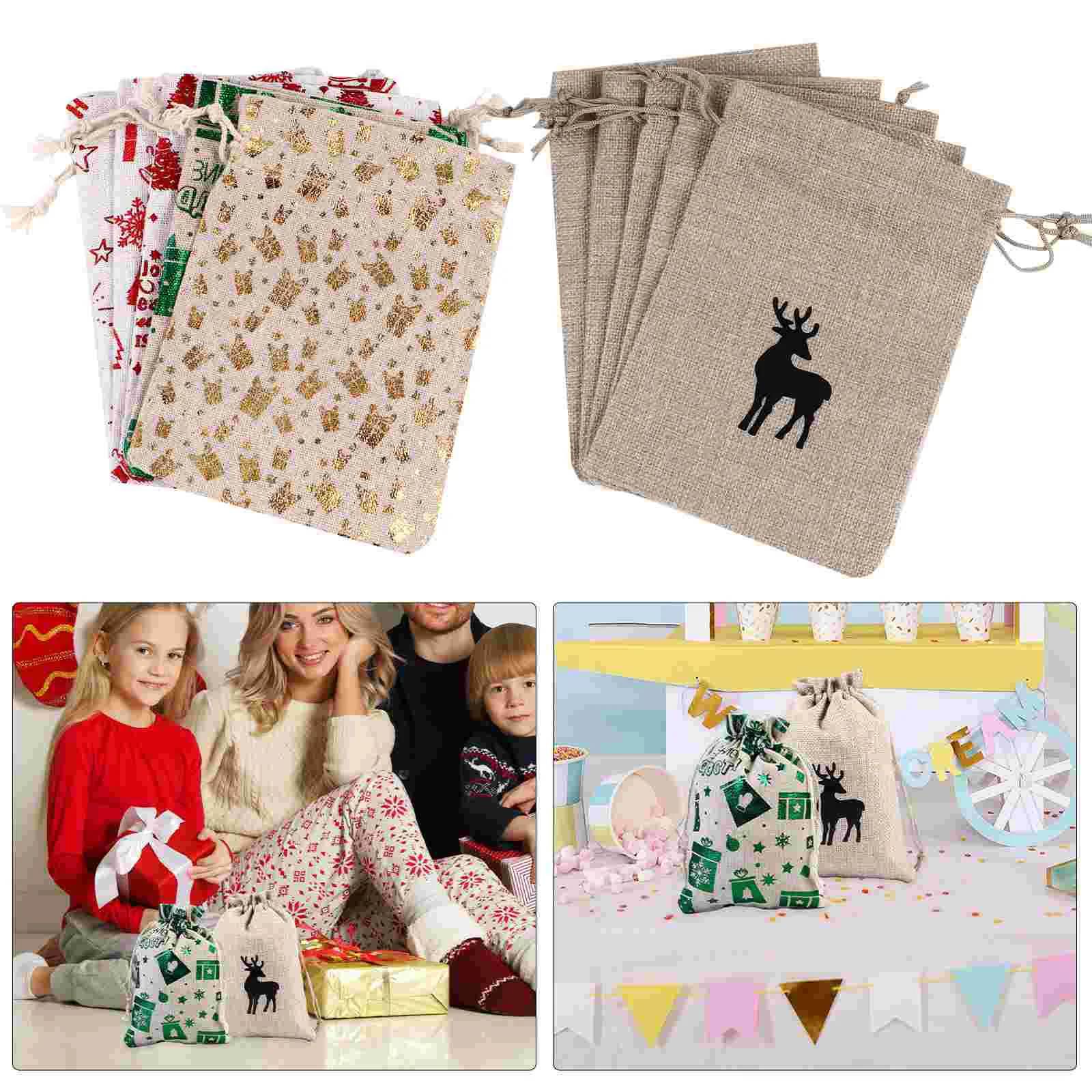 10 ชิ้น Xmas นําเสนอถุงคริสต์มาสผ้าฝ้ายกระสอบของขวัญ Candy กระเป๋า Drawstring Party Favor