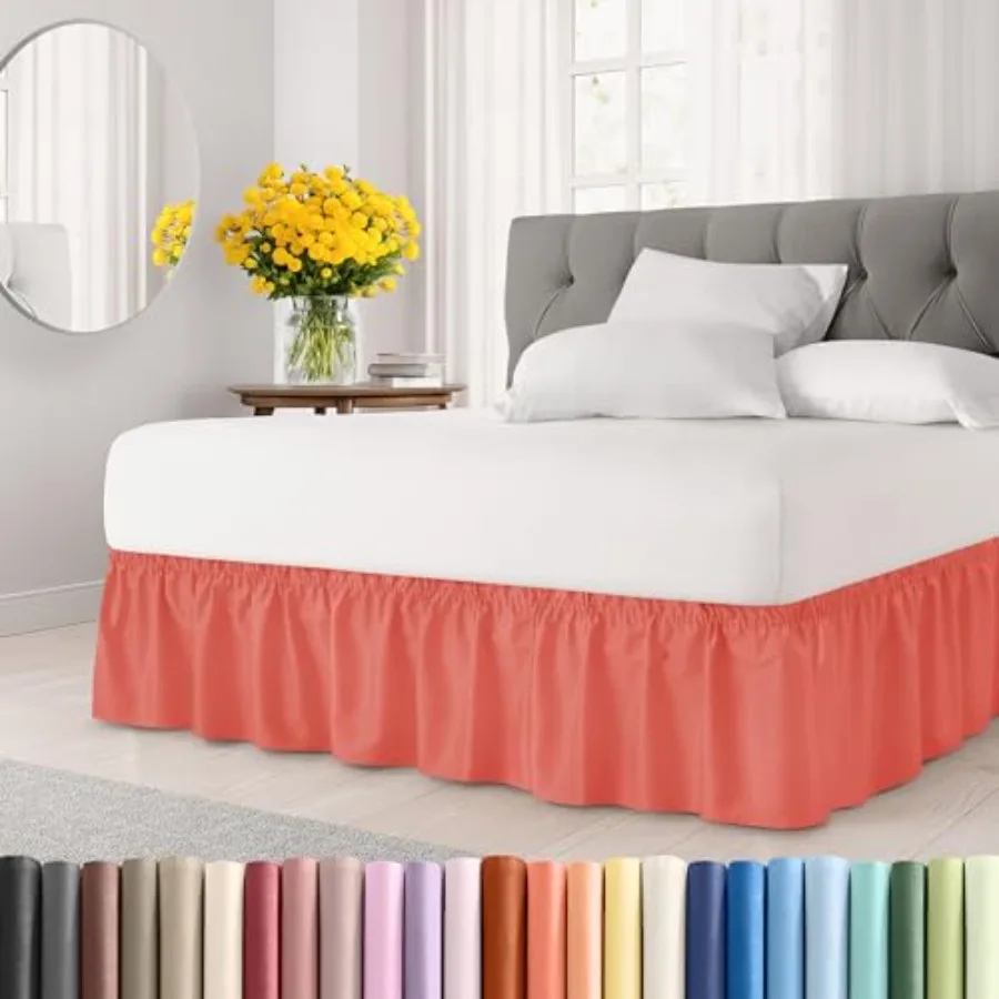 

Wrap Around Dust Ruffle Bed Skirt in Coral for King Size Beds with 24 Inch Drop Easy Fit Elastic Strap Adjustable Pleated Desig