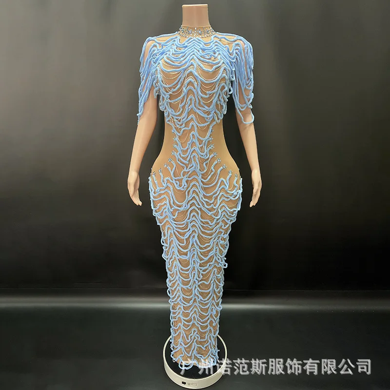 Design Wool Circle Nude Mesh Temperament Long Dress Model Catwalk Fashion Women's Party Dress Vestidos De Fiesta Elegante Señora