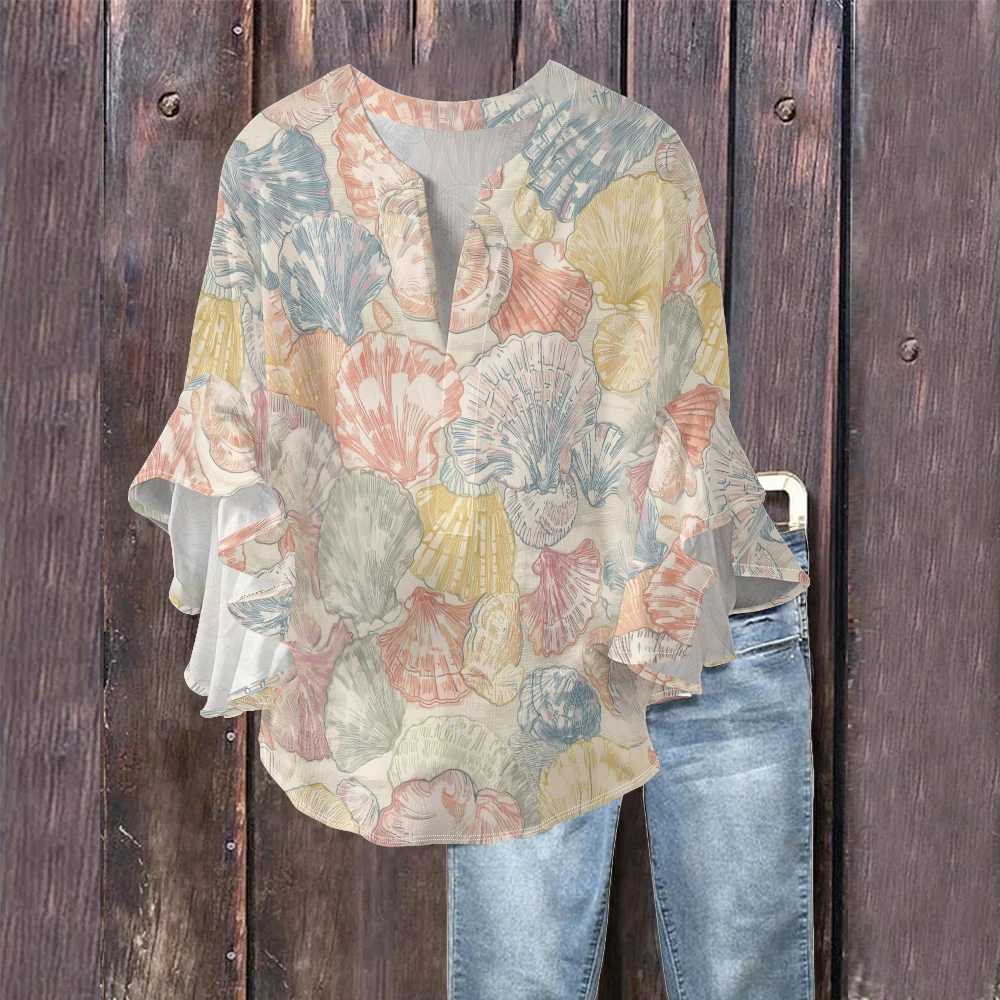 

Women’s Floral Print Bubble Crepe Blouse Soft & Breathable White V-Neck Top Elegant Bell Sleeves Casual Beach Summer Outfits