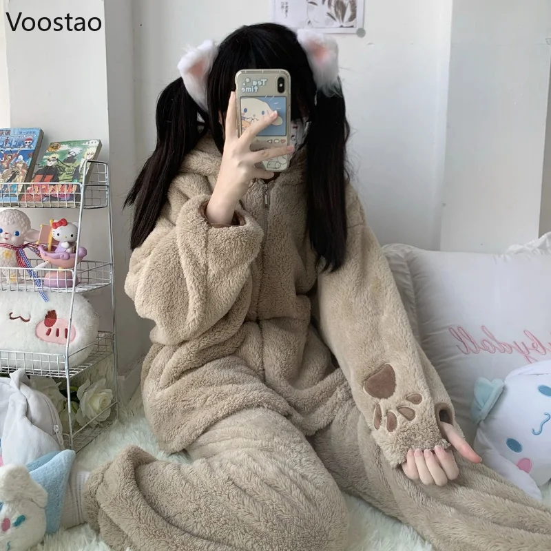 Autumn Winter Sweet Lolita Style Pajama Sets Women Kawaii Bear Ear Hooded Coral Fleece Warm Sleepwear Girls Cute Home Nightwear