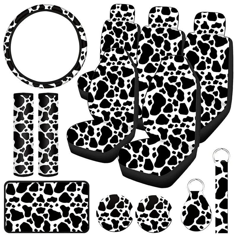 13PCS Cow Print Car Seat Cover Kit, Car Steering Wheel Cover, Seat Belt Pads, Car Coasters, Armrest Pad, Wrist Holder