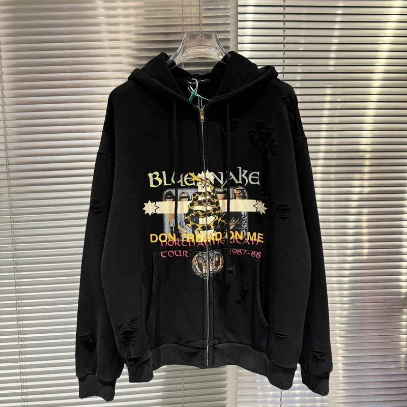 Washed Hole Damaged Project G/R Yellow Snake Print Zipper Hoodie Jackets Men Women High Quality Loose Casual Pullovers Clothes