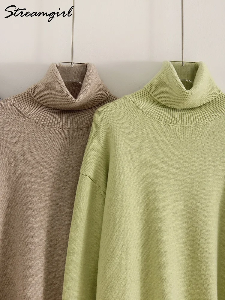 Basic Turtleneck Sweaters For Women 2025 Autumn Winter Fruit Green Oversized Pullovers Knit Jumpers White Ladies Sweaters Loose