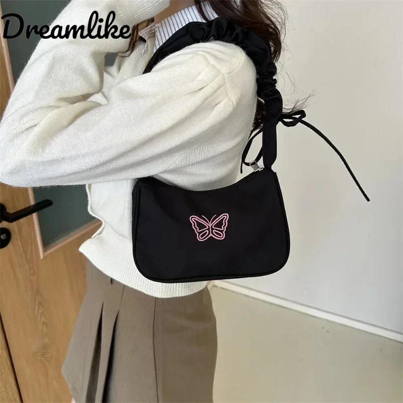 Lovely Embroidery Butterfly Shoulder Bag Y2K-Style Ruffle Handle Nylon Bow Tote Bag Makeup Lipstick Bag Fashion Handbag