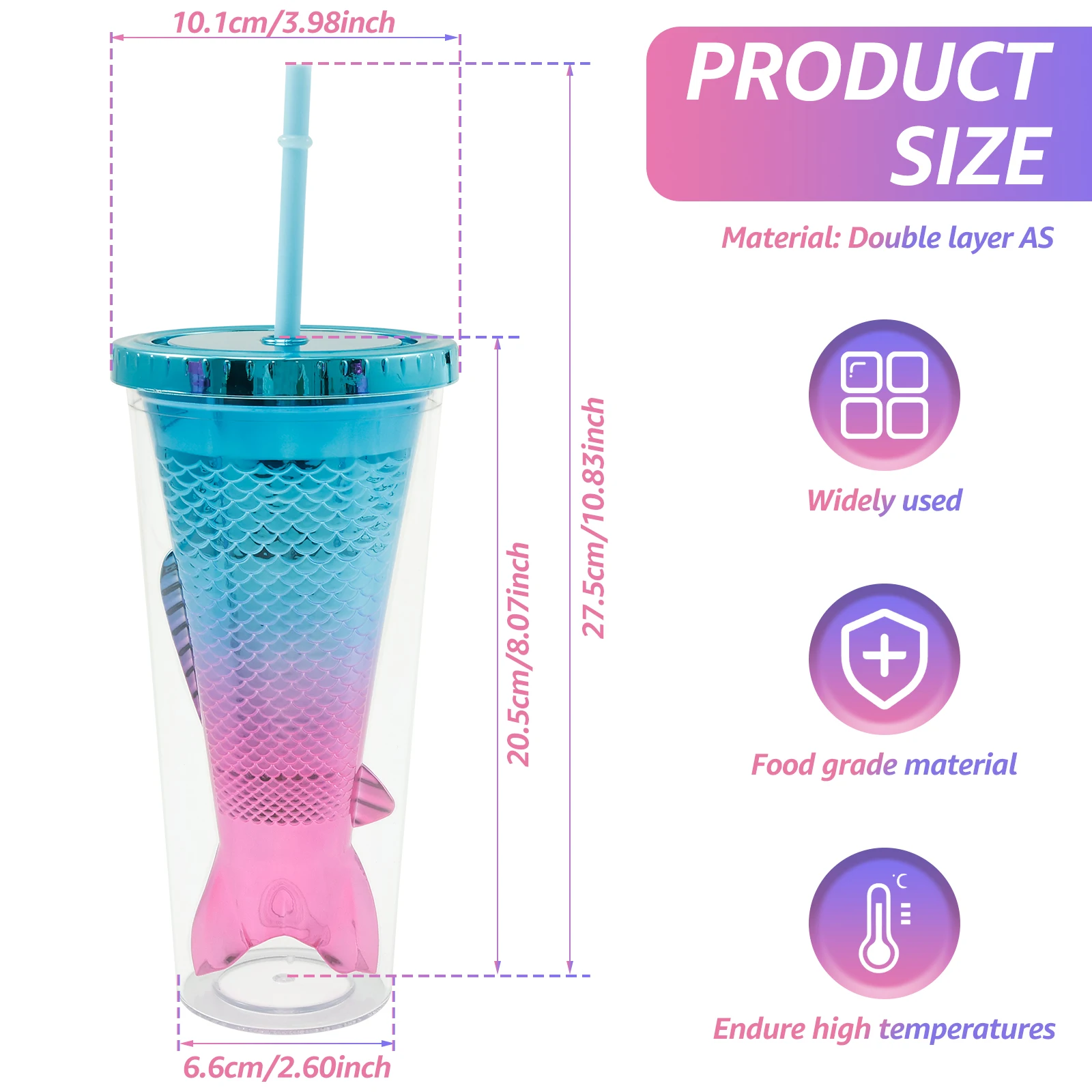 ABS Mermaid Tail Tumbler Double Mermaid Tail Straw Cup 350ml Gradient Straw Cup Leak Proof Glitter Water Mug for Party for Kids
