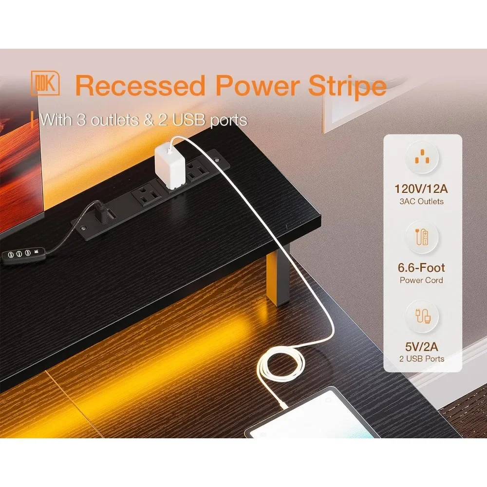 63 inch Computer Desk with Power Outlets & LED Lights, Gaming Desk with Monitor Stand & Storage Sheves, Home Office Desk