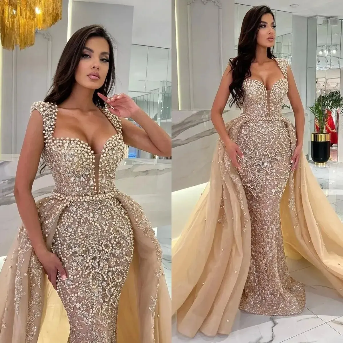 

Champagne Overskirts Prom Gowns Pearls Sequins Beading Formal Evening Party Dresses Special Occasions Dress