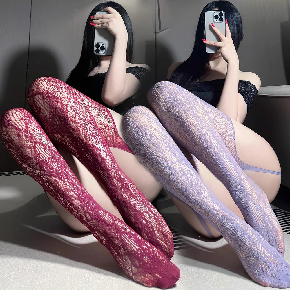 Sexy Hollow Out Lace Mesh Fishnet Stockings Lingerie Sexy Suspender Open Crotch Pantyhose Y2k Girls Body Stockings Women Tights