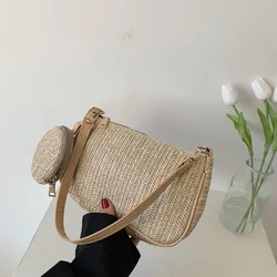 Summer Minimalist Straw Shoulder Bag For Women 2 pcs Woven Armpit Handbag Portable Travel Phone Coin Purse Trendy Underarm Bag