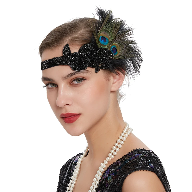 

Vintage 1920 Peacock Feather Headband With Rhinestone,Banquet Dancing Performance Headpiece Party Photography Accessories