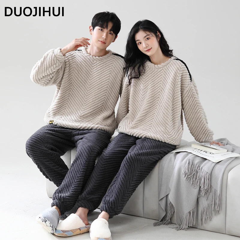 DUOJIHUI Winter Couple Clothes Simple Pajamas for Women New O-neck Pullovers Basic Loose Pants Fashion Casual Female Pajamas Set