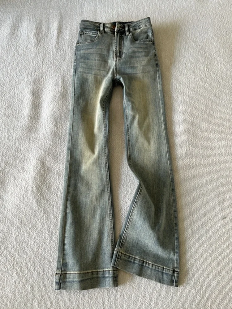 Jeans de Mezclilla de Cintura Alta Elásticos Estilo Retro Americano, Micro Acampanados, para Mujer, Otoño, Nuevo, Talla and...