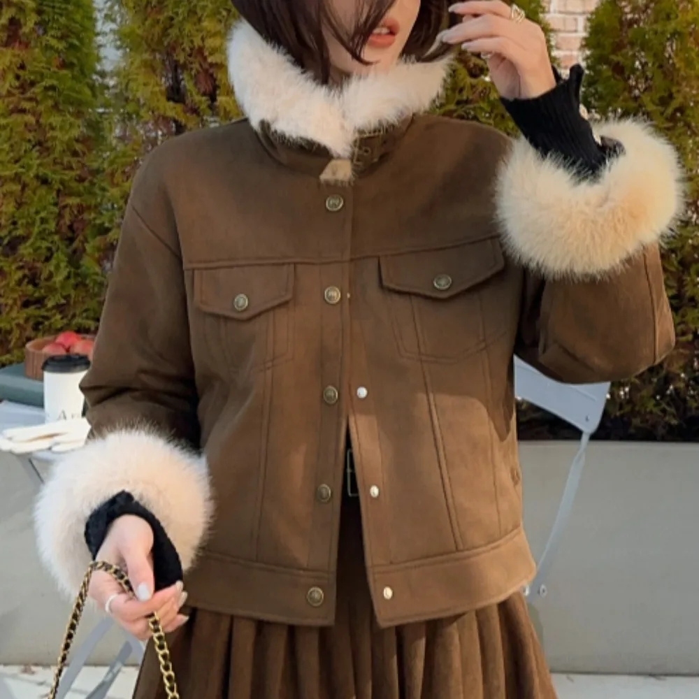 

Women's ort Suede Jaet Autumn Winter Korean Sle Fur Collar Thiened Lined eepskin Cotton Top Outerwear Coat