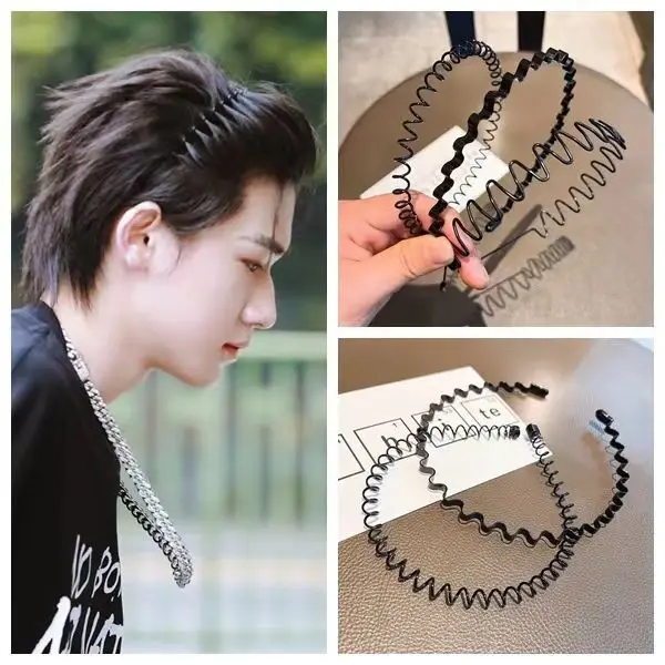 

9pcs/lot Black Elastic Non Slip Simple Metal Headbands For Men Women Wavy Hairband Spring Hair Hoop Fashion Hair Accessories