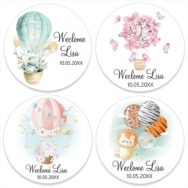 

Custom Welcome Baby Hot Air Balloon Animals Birthday Party Labels Favors Round Sticker Baby Shower Personalise Travel Sticker