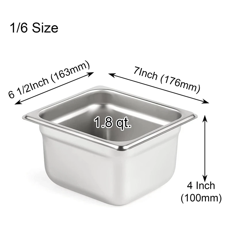 6 Pack Anti-Jam Slotted Hotel Pans With Lids, 1/6 Size 4 Inch Deep, Commercial 18/8 Stainless Steel Steam Table Food Pan