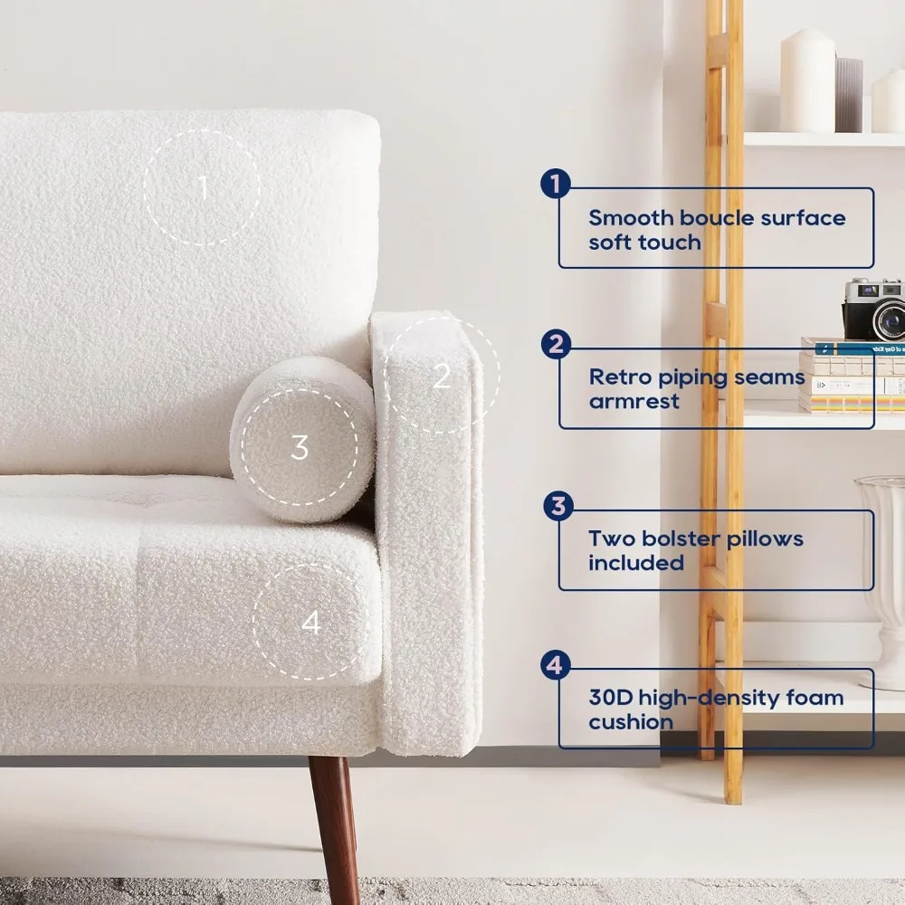 أريكة فوناندا فيلفيت بوكل، أريكة من منتصف القرن 73 بوصة 3 مقاعد مع وسادة مريحة مخيطة يدويًا ووسائد معززة للي