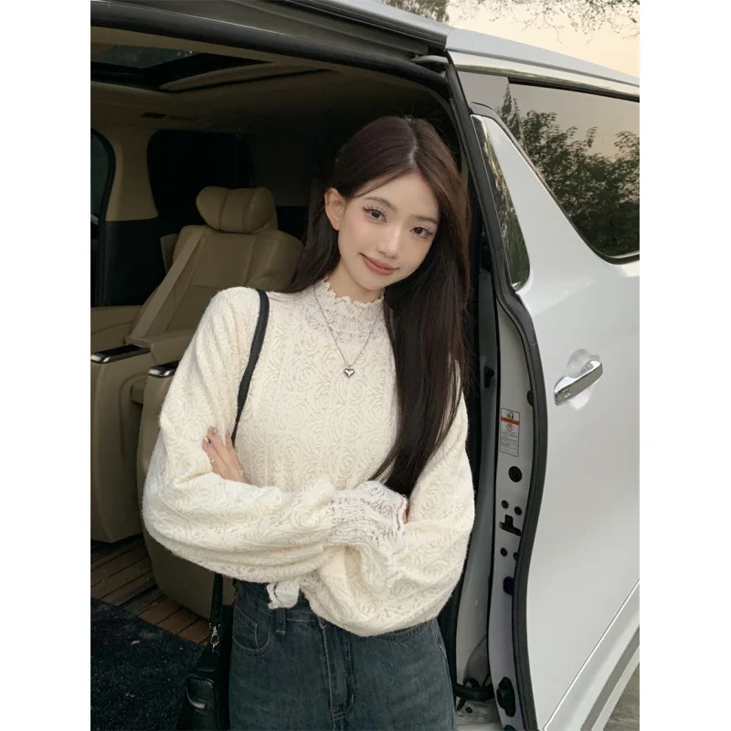 

Women's White Lace Long-sleeve Tops Fleece-lined Crocheted Cutout Long-sleeve Base Layer Autumn Basic Versatile Office Outfits