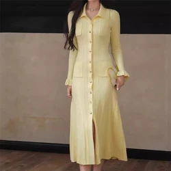 New 2024 Autumn Women Elegant Maxi Dress Long Length Polo Collar Buttons High Street Chic A-Line Lady Fashion Design Trendy