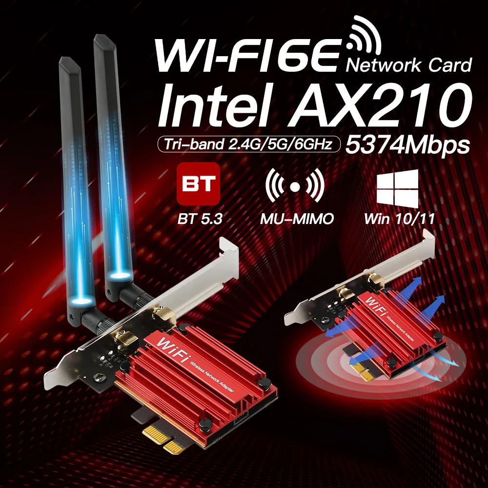 5374Mbps WiFi 6E AX210 Bluetooth 5.3 Tri Band 2.4G/5G/6Ghz AX210NGW 802.11AX PCIe Wireless Network Card Adapter Win10/11