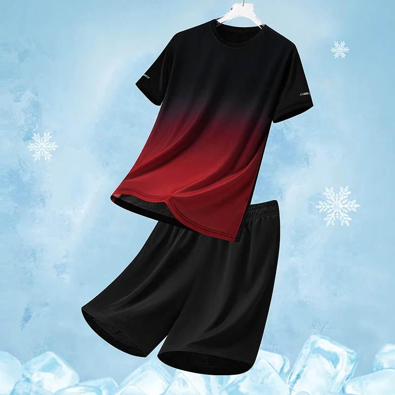 

Комплект летней спортивной одежды из ледяного шелка для мужчин: футболка и шорты для баскетбола, тренировок, бега утром, повседневной носки...