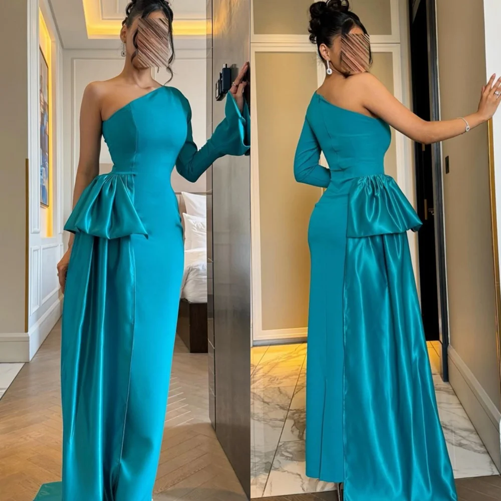 カスタマイズされたクラシックブルージャージイブニングドレス繊細なワンショルダーフレアスリーブハーフスリーブジッパーバック特別な日のガウン