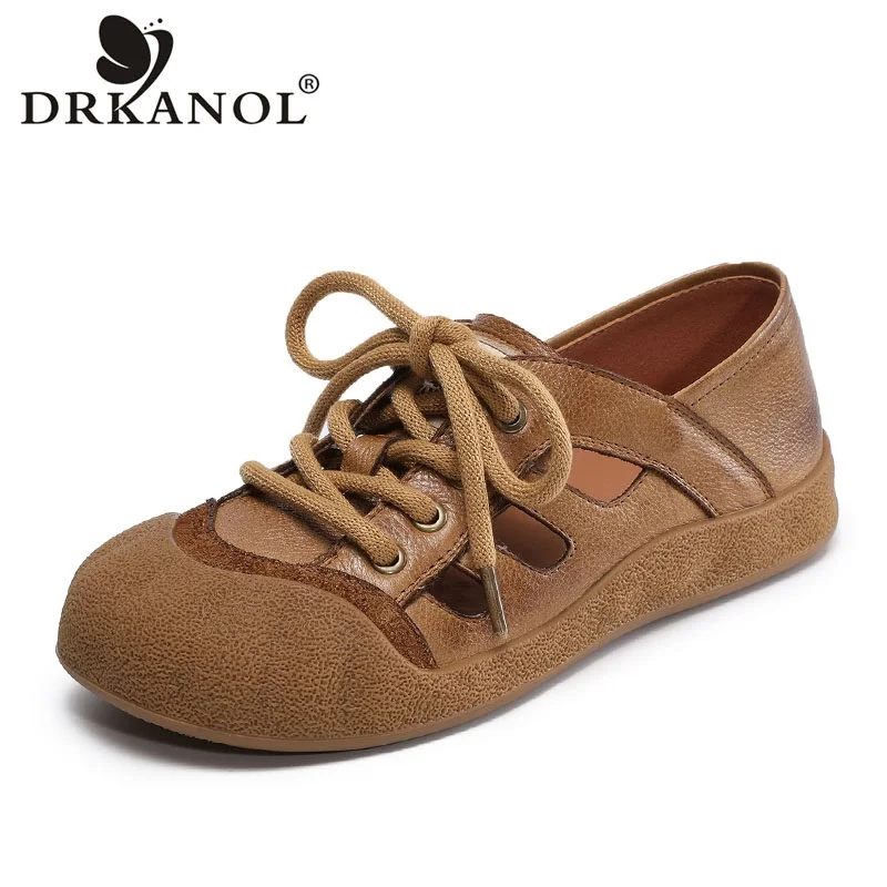 DRKANOL Women Genuine Leather Flat Shoes Summer Hollow Out Breathable Lace-Up Retro Style Soft Sole Comfort Casual Cool Shoes