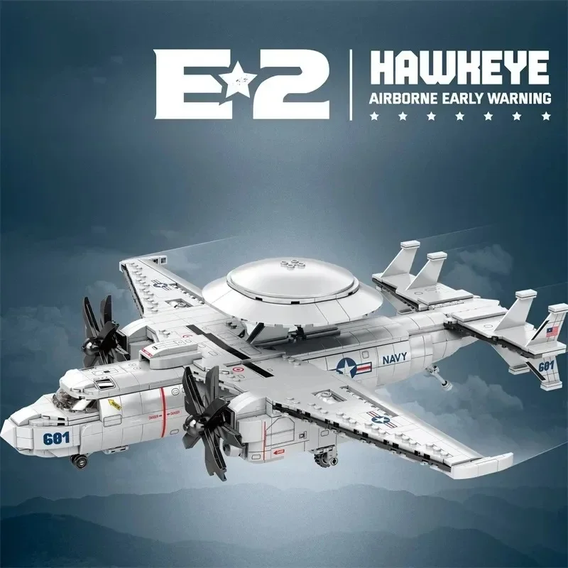 Simulated E2 Navy Warning Aircraft Blocks Foldable Wing Round Radar Desktop Decor Toy For Military Lovers Compatible with Lego