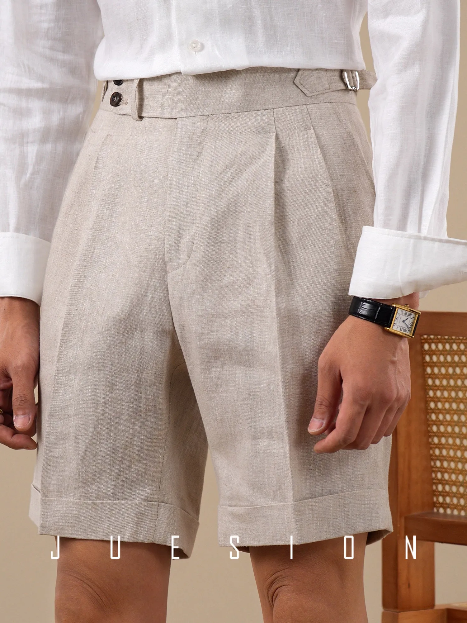 [100% linen] Neapolitan double pleated shorts men's breathable casual shorts