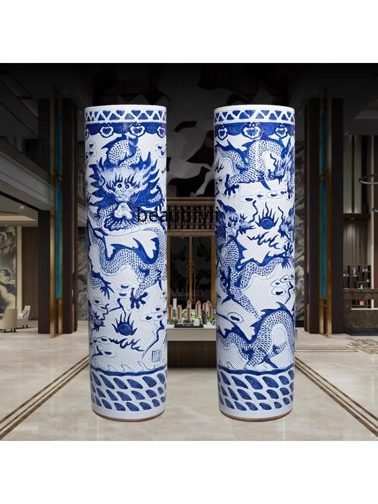 Ceramic Blue and White Dragon Pattern Floor Vase Quiver Living Room and Hotel Chinese Decoration Decoration