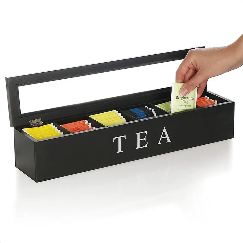 Wooden Tea Storage Box Organizer With 6 Compartment Coffee Bag Holder Chest Box With Transparent Cover With 5 Slots