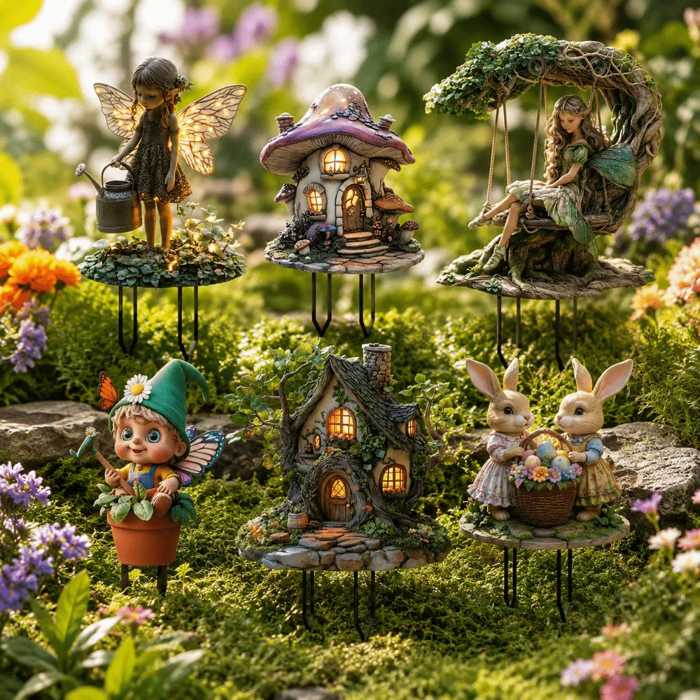 Fantasy Ground Insert Garden Art Ornament 2D Flat Acrylic Elf Garden Figurine Treehouse Rabbit Acrylic Ground Insert Indoor