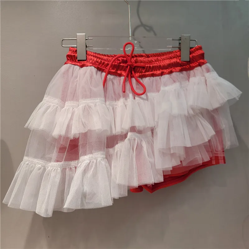 

White Mesh Patchwork Red Skirt Shorts for Women 2025 Summer New Clothing Versatile Elastic Drawstring Waist Shorts