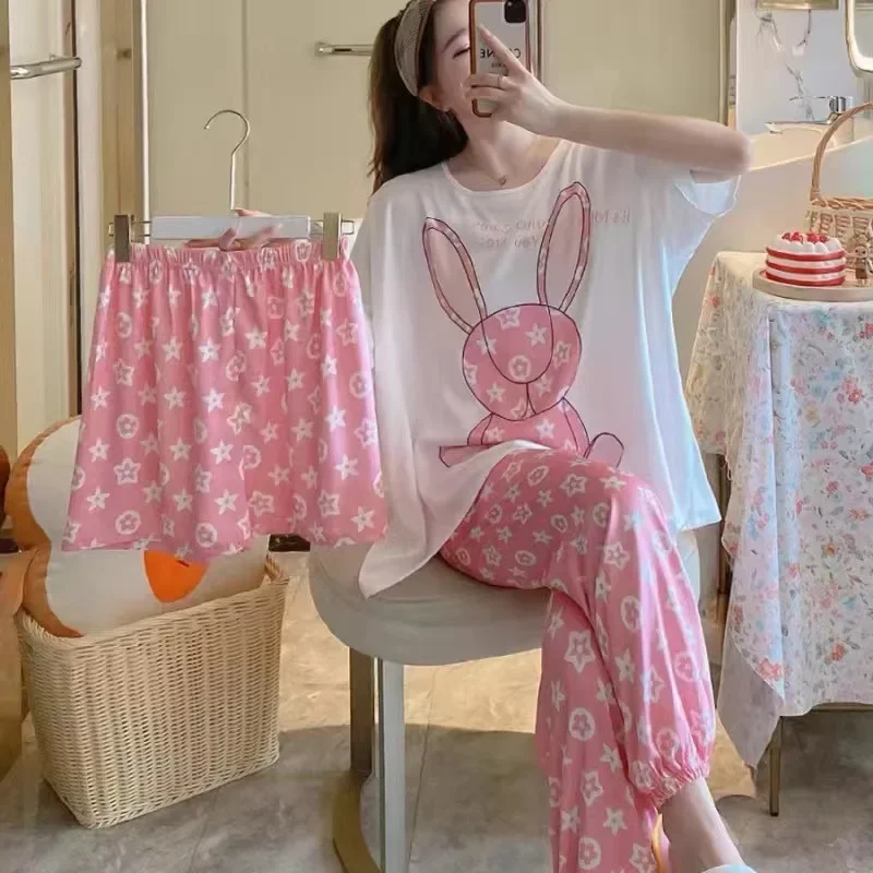 Women\'s New Pajamas Three-Piece Female Summer Short-Sleeved Loose Korean Version Of The Students Large Size Home Wear Pajamas