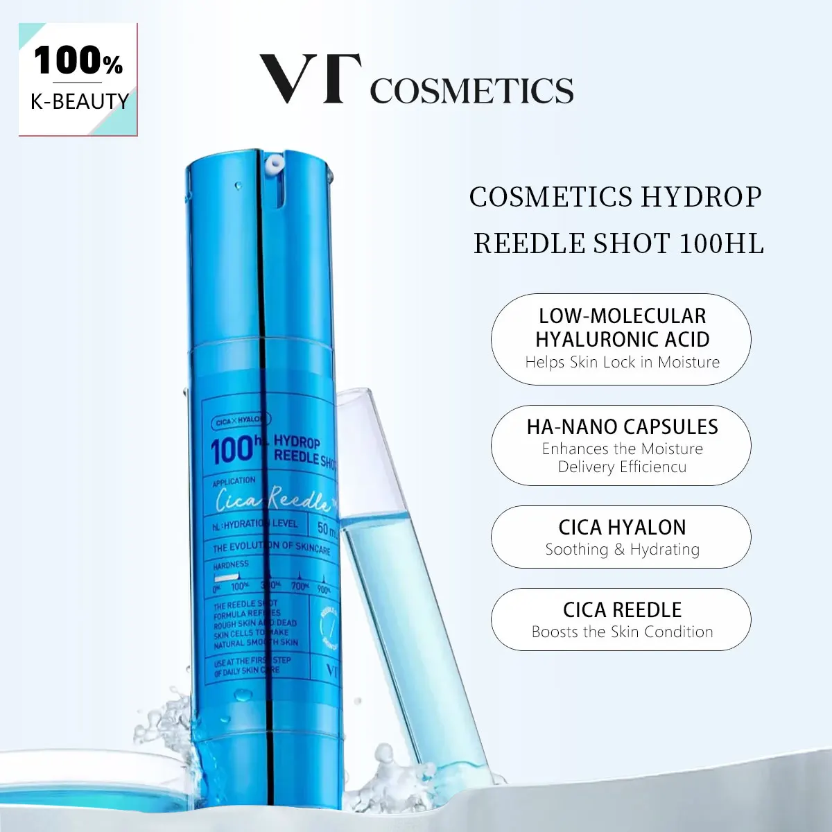 

VT COSMETICS Hydrop Reedle Shot 100 мл, для упругости и контурирования, разглаживание пор и текстуры кожи, усиление сияния, K-Beauty, корейская косметика