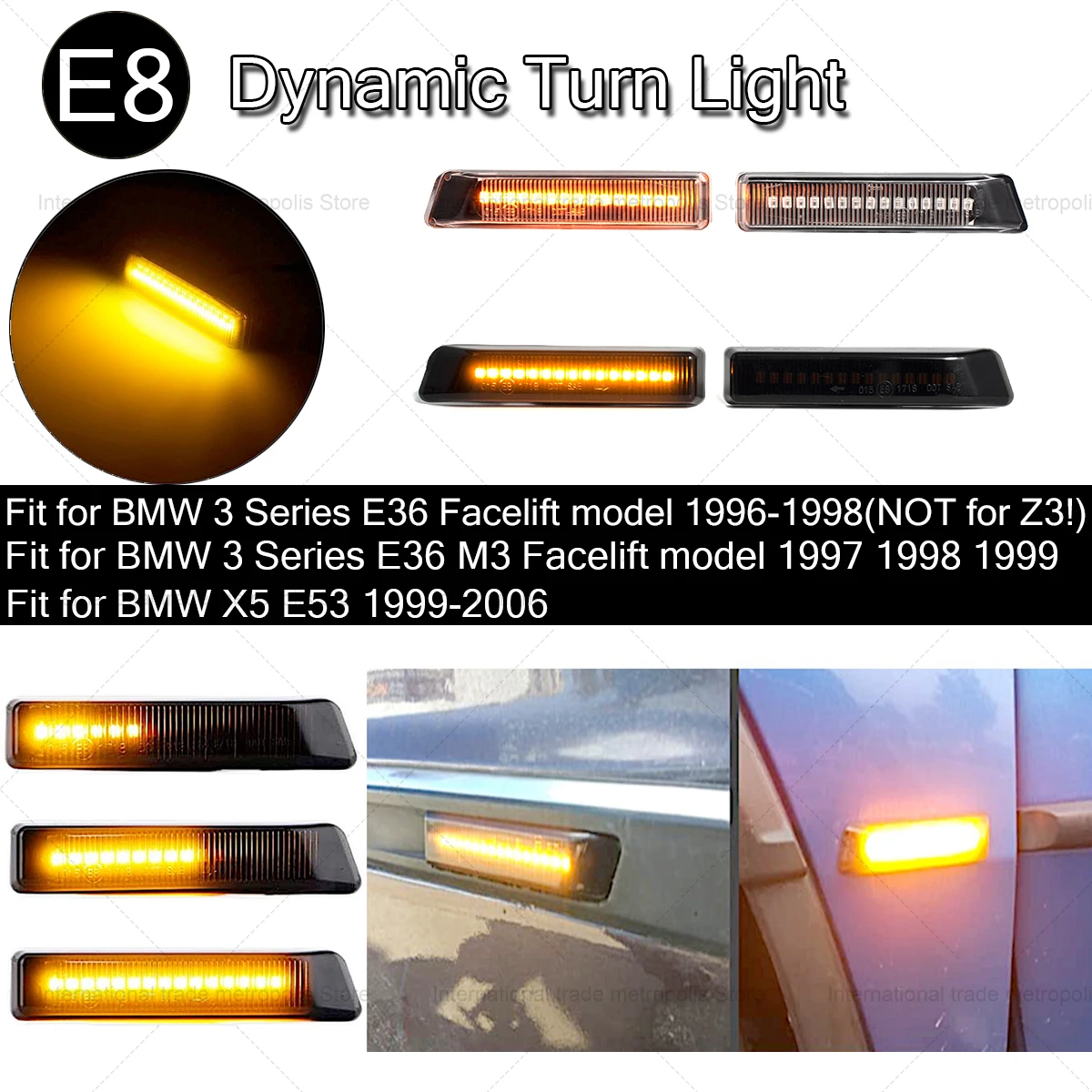 

Car Front Wing Smoke Lens Dynamic LED Side Gauge Repeater Indie Illuminator 63132492179 63137164491 for BMW X5 E53 E36