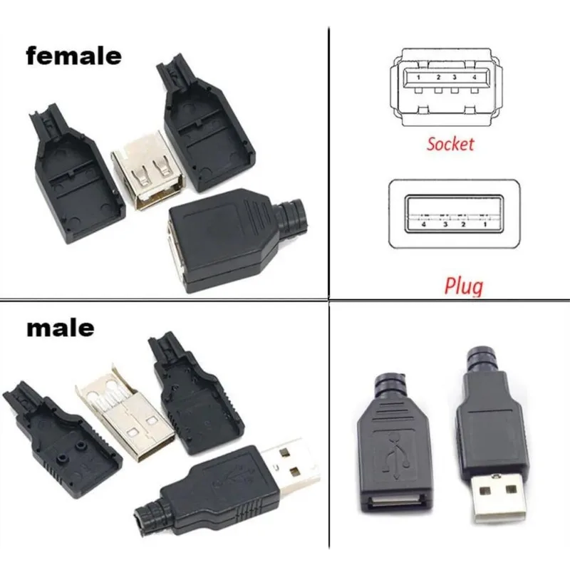 10 Stück USB-Schnittstellen vom Typ A (Stecker/Buchse), ausgestattet mit einer schwarzen Kunststoffabdeckung, zur Verwendung bei Computerzubehör und als Adapter für Anschlüsse. – Detail 2