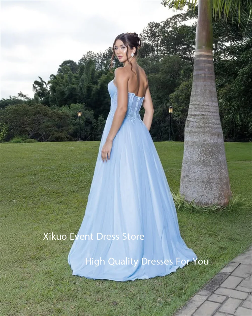 Xikuo Elegant Blue Tulle Evening Gowns Summer A Line Sleeveless Vestidos De Gala High Side Slit Prom Party Dresses Customized
